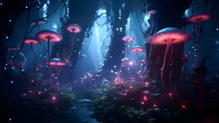 Abstract background mushroom jungle view with small lighting generated by AI