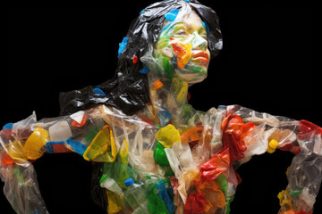 Sculpture of a woman made out of plastic bottles, recycling concept