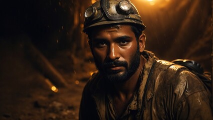 Fototapeta premium Search for gold in the dark: A miner pursues his dream under the moonlight