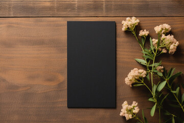 Minimal mockup design of a long vertical poster, wooden background