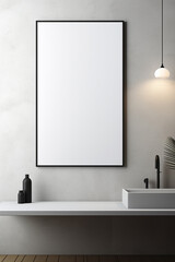 Minimal mockup design of a vertical poster with a black frame, on grey modern bathroom background