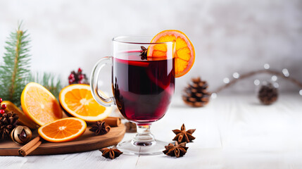 Christmas mulled red wine with spices and fruits on a white background. Traditional hot drink at Christmas time