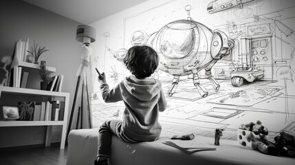 A sweet image of a child at home, eagerly drawing a picture of themselves on the wall while wearing a jetpack, the child's eyes full of flying fantasies, the picture capturing their desire to be a lea - obrazy, fototapety, plakaty