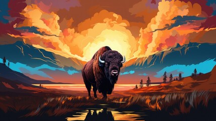 American Bison in the style of a digital glitch art