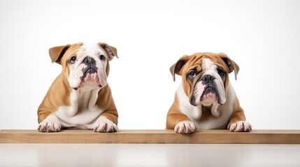 A juvenile English Bulldog, age nine months, poses against a white background while clutching a blank sign in his jaws.