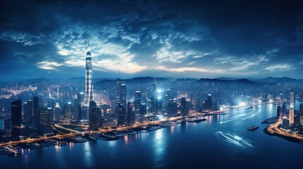 Aerial view of city skyline at night