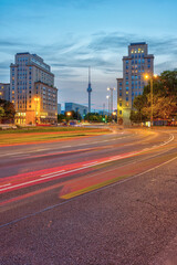 The Strausberger Platz in Berlin with the Television Tower at twilight