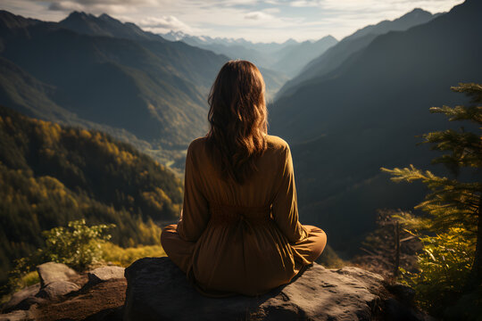 Young woman meditate on the top of mountain