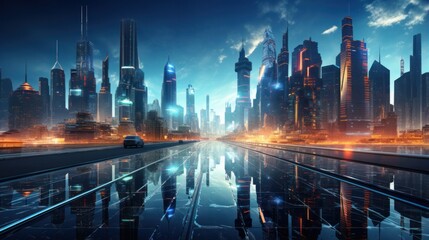Futuristic cityscape with glowing high-tech architecture