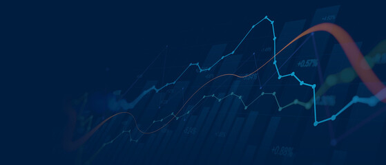 Widescreen Abstract financial graph with uptrend line and bar chart of stock market on blue color background - obrazy, fototapety, plakaty