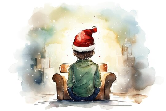 A watercolor illustration of a boy sitting on a couch with a santa hat on, AI