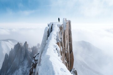 a person standing at the peak of a snowy cliff. Generative AI - obrazy, fototapety, plakaty