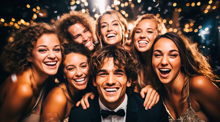 A company of happy young people in evening dresses and suits, smiling posing for camera. Party, graduation for students - obrazy, fototapety, plakaty