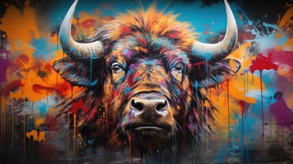 Fototapeta premium American Bison portrait with street art elements