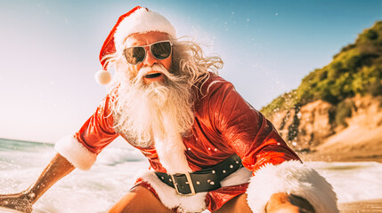 A modern tanned older man in a Santa Claus costume rides a surfboard for swimming. Winter holidays,...