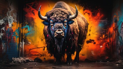 Naklejka premium American Bison portrait with street art elements