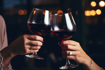 Friends toasting with glasses of red wine at bar, close up, dark background