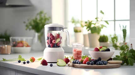 Foto op Plexiglas Ingredients for smoothie fresh fruits, berries and vegetables with modern automatically mixer or blender on white kitchen table for making smoothie and juice. healthy eating concept. © petrrgoskov