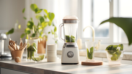 Ingredients for smoothie fresh fruits and vegetables with modern automatically mixer or blender on white kitchen table for making smoothie and juice. healthy eating concept.