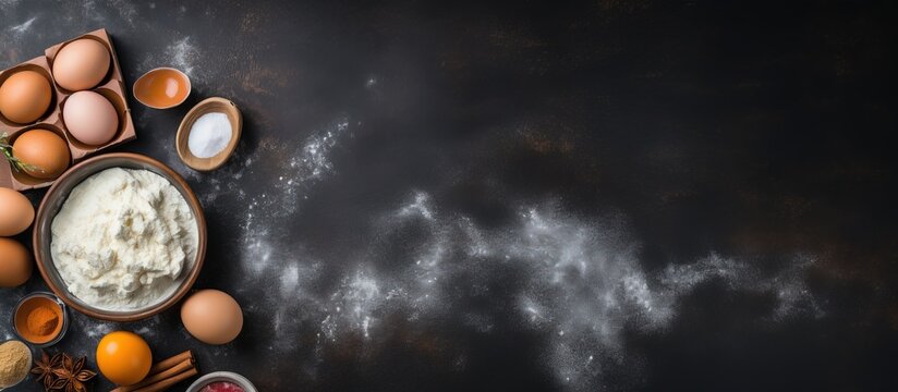 Ingredients for baking a cake arranged on a chalkboard showcasing a cooking course or kitchen chaos theme