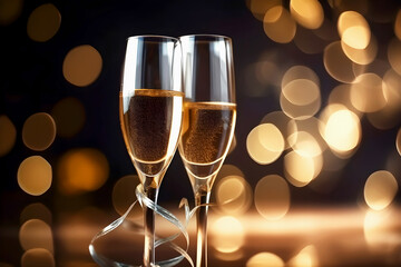 Two glasses with delicious sparkling alcoholic drink and silver ribbon. Festive background with golden bokeh