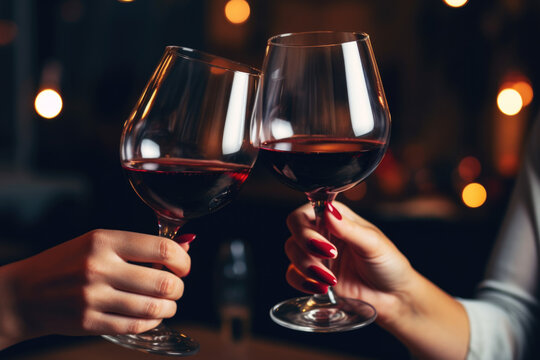 Friends toasting with glasses of red wine at bar, close up, dark background