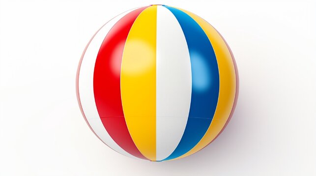 A beach ball with an inflated plastic sphere with red, blue, white, and yellow striped stripes is isolated on a white backdrop as a traditional image of summertime enjoyment at the beach or pool.