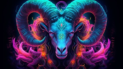 neon ram and horns in the style of night marish illustration.Generative AI