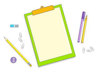 Blank clipboard note and some colorful stationery around it. Illustration on transparent background