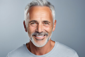 Obraz premium Generative AI photography of a cheerful elderly man with white toothy smile isolated on dark grey background