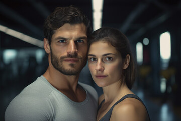 Generative AI picture of sporty married people couple in love training together in a sports gym