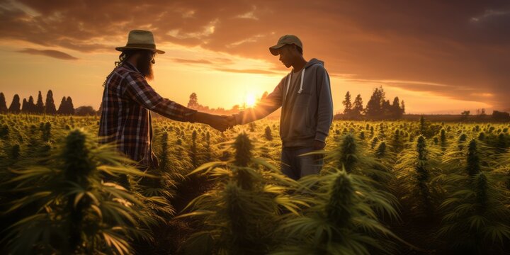 Farmers in a Weed Field at Sunset, Symbolizing Legal Drug Consumption and Collaboration in the Hemp and Marijuana Cultivation Industry