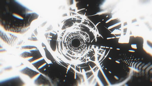 Abstract Black And White Graphic Vortex Tunnel Loop/ 4k animation of an abstract tunnel with black and white posterized and halfdots wavefield vortex seamless looping