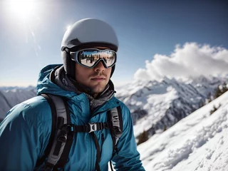 Fotobehang Skier, snowboarder portrait in high mountains in helmet and goggles, extreme sport on a sunny day, healthy lifestyle, copyspace. © Neitiry