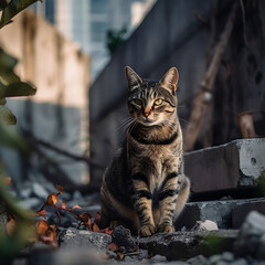 Einsame Katze in den Ruinen einer verlassenen Stadt. - obrazy, fototapety, plakaty