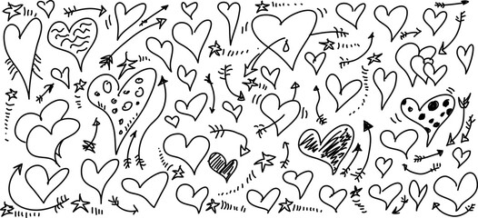 Hand draw shapes heart, love pattern, set doodle