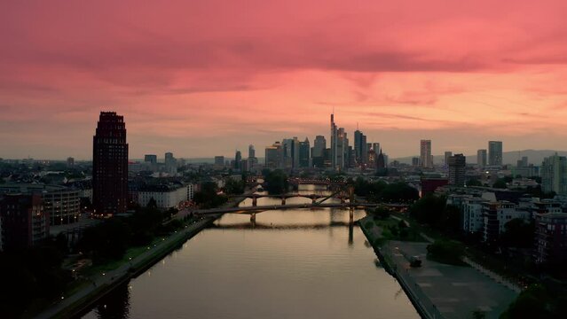 Aerial view of Frankfurt am Main. Cityscape image of Frankfurt am Main during sunset. Wide shot footage