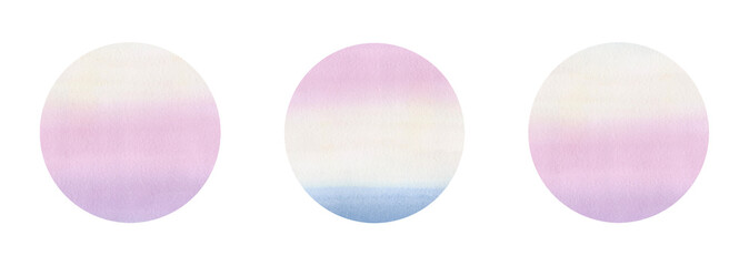 A set of watercolor circles in pastel shades with a gradient isolated on a white background. Hand-drawn. Decorative element for design and decoration. Abstract round background.