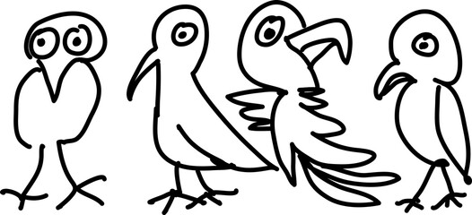 Set birds, hand draw doodle, pattern isolated on white