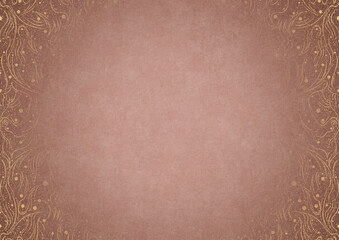 Pale pink textured paper with vignette of golden hand-drawn pattern and golden glittery splatter on a darker background color. Copy space. Digital artwork, A4. (pattern: p11-2a)