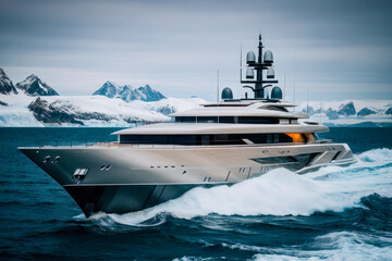 Digital photo of high-speed luxury yacht sailing on the sea in Antarctica. Travel concept. - obrazy, fototapety, plakaty