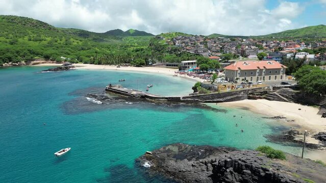 Tarrafal Beach - Cape Verde Aerial View. Santiago Island Landscape of Tarrafal - popular tourist destination. The Republic of Cape Verde is an island country in the Atlantic Ocean. Africa.