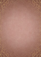 Pale pink textured paper with vignette of golden hand-drawn pattern and golden glittery splatter on a darker background color. Copy space. Digital artwork, A4. (pattern: p02-1d)