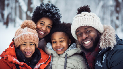 African american family, father and mother with two children close up portrait in park, winter snow season joy. Looking at camera