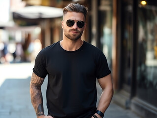 A man with sunglasses wearing blank empty black t-shirt mockup for design template