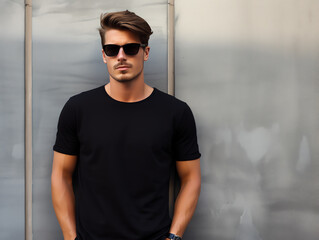 A man with sunglasses wearing blank empty black t-shirt mockup for design template