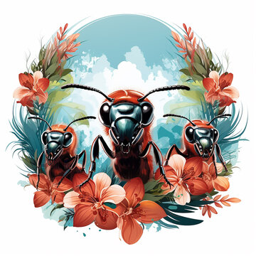three red ants surrounded by flowers clip art preview