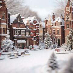 a photograph of a christmas village, red bricks buildings with snow created with Generative Ai