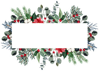 Watercolor christmas frame with fir branches, cotton, leaves isolated. Botanical winter greenery holiday illustration for wedding invitation card design - 653868082