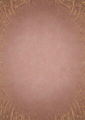 Pale pink textured paper with vignette of golden hand-drawn pattern and golden glittery splatter on a darker background color. Copy space. Digital artwork, A4. (pattern: p08-2d)